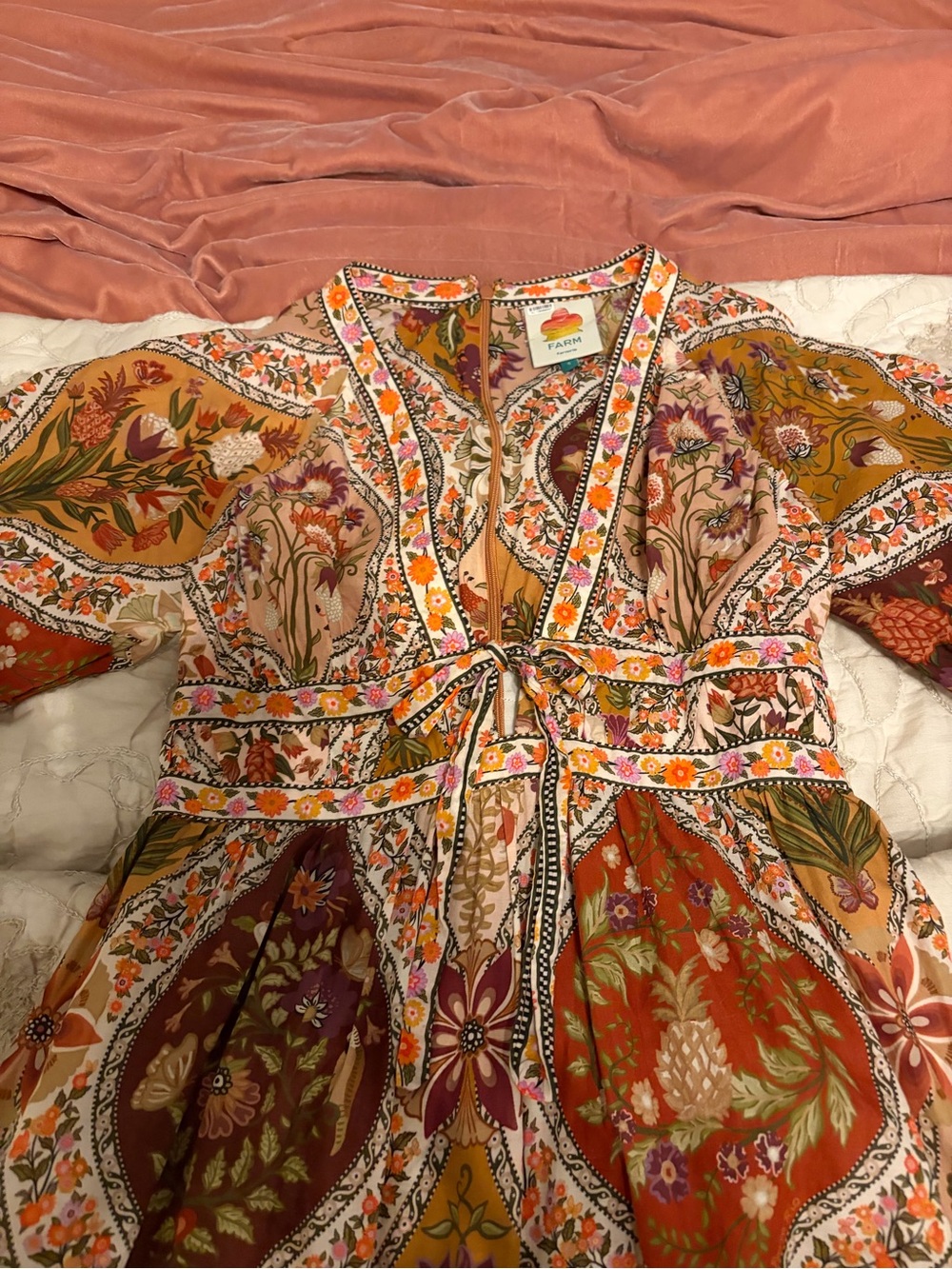 FARM Rio Multi-Color Boho Mini Dress with Puff Sleeves - Picture 3 of 7